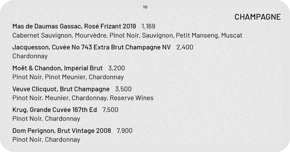 Champagne selections with houses like Krug, Dom Pérignon, Moët