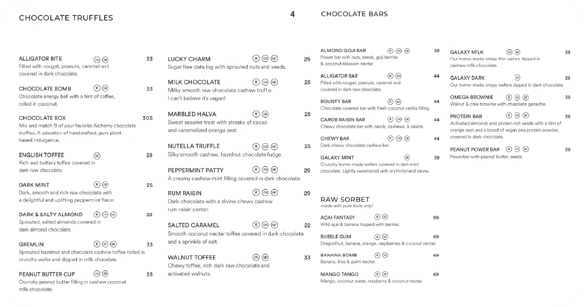 Chocolate truffles and bars menu, plus raw sorbet options