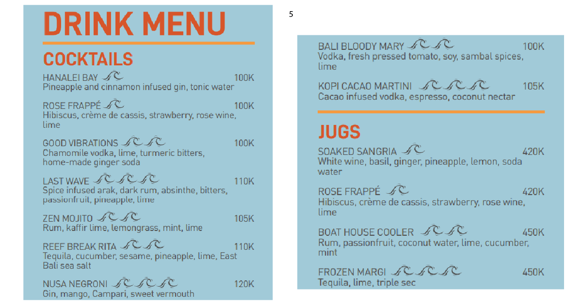 Cocktail list and jug options, including Bali Bloody Mary