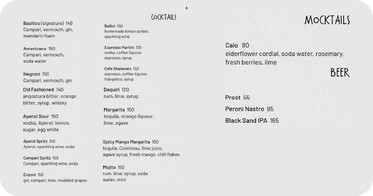 Cocktail list with classics, mocktails, and local beer options