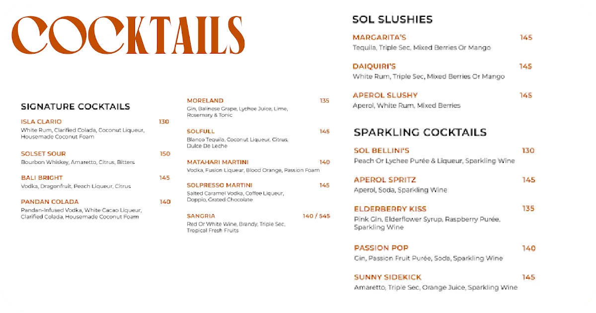Cocktail list with signature drinks, slushies, and sparkling options