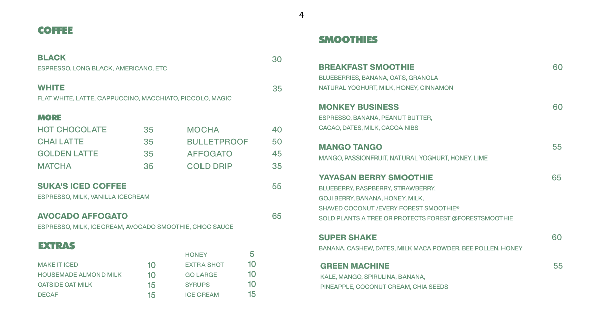 Coffee and smoothies menu with espresso drinks, matcha, and affogato