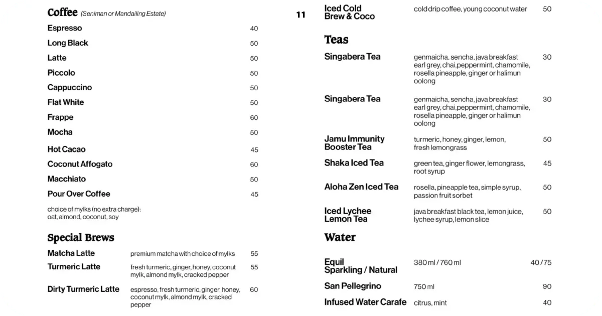 Coffee and tea menu featuring matcha, turmeric lattes, and iced teas