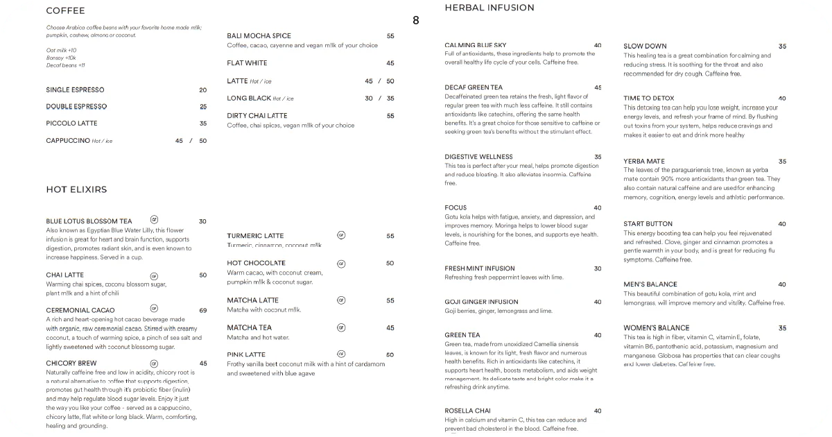 Coffee drinks, hot elixirs, and herbal infusion tea selections