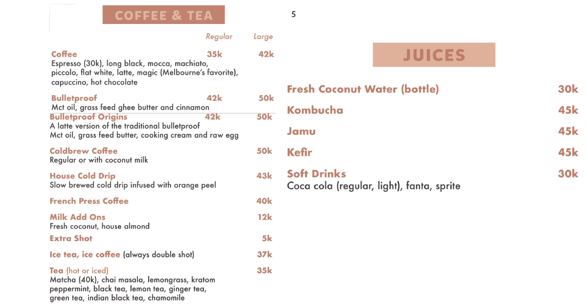 Coffee, tea, and juices menu featuring bulletproof coffee and kombucha