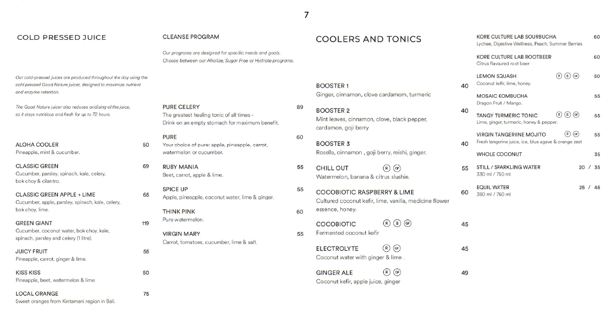 Cold-pressed juices, cleanse program, coolers, tonics, kombucha list