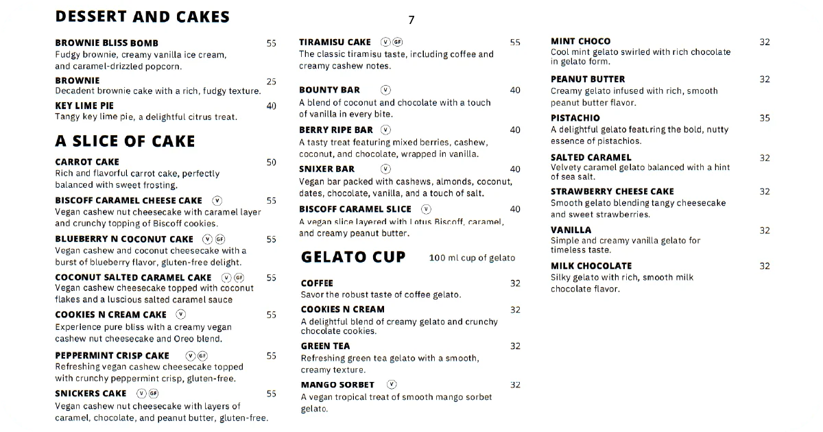 Dessert menu featuring cakes, slices, and gelato cup flavors