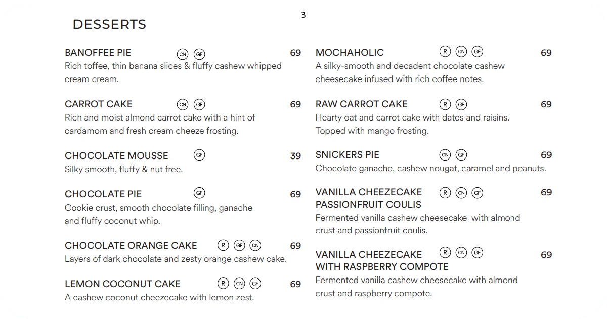 Dessert menu featuring pies, cakes, and mousse with prices