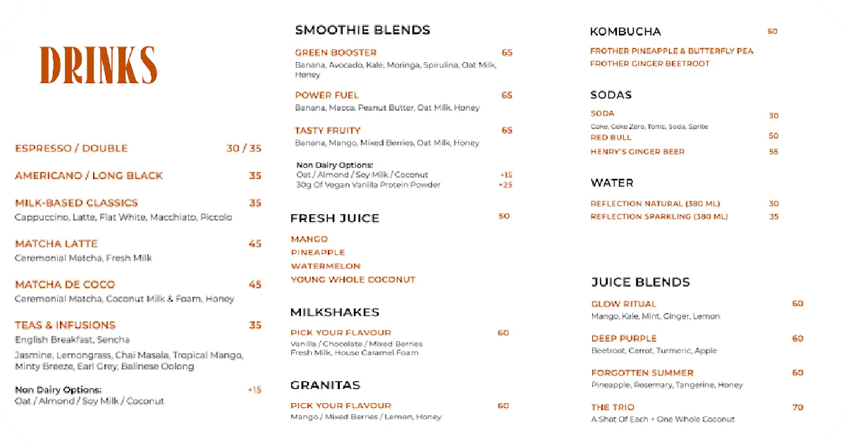 Drinks menu with coffee, smoothies, juices, milkshakes, and sodas