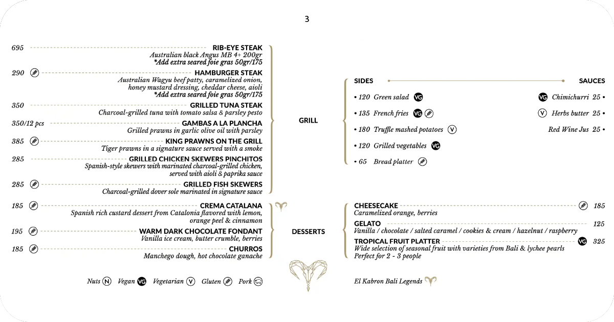 El Kabron Bali grill, desserts, sides, sauces section
