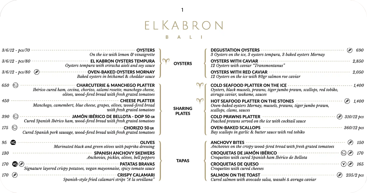El Kabron Bali menu featuring oysters and sharing plates