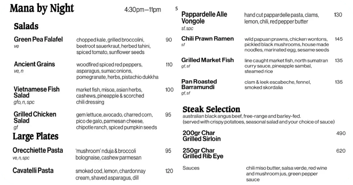 Evening salads and large plates, including pappardelle, barramundi, and steak