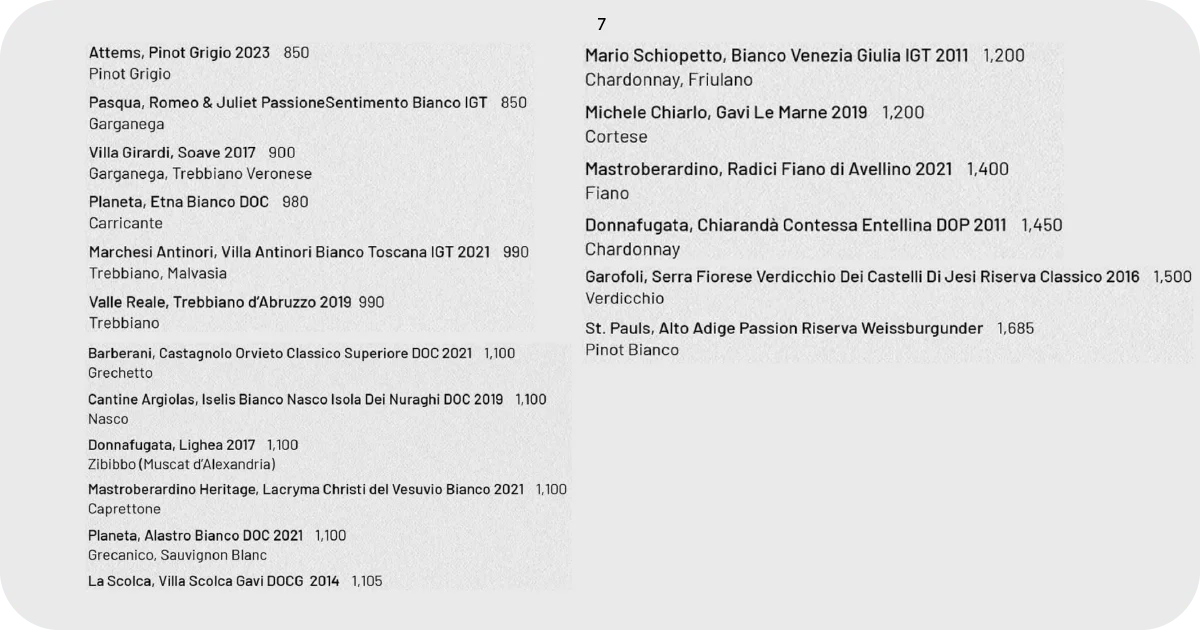 Extensive Italian white wine list with regions and grape varieties