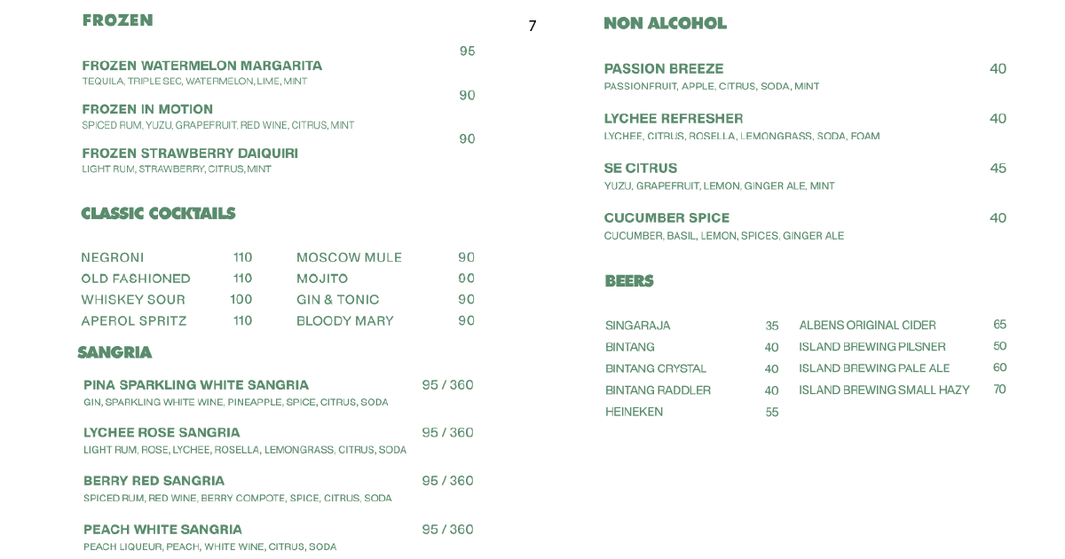 Frozen cocktails, classic cocktails, non-alcoholic refreshers, and beers menu