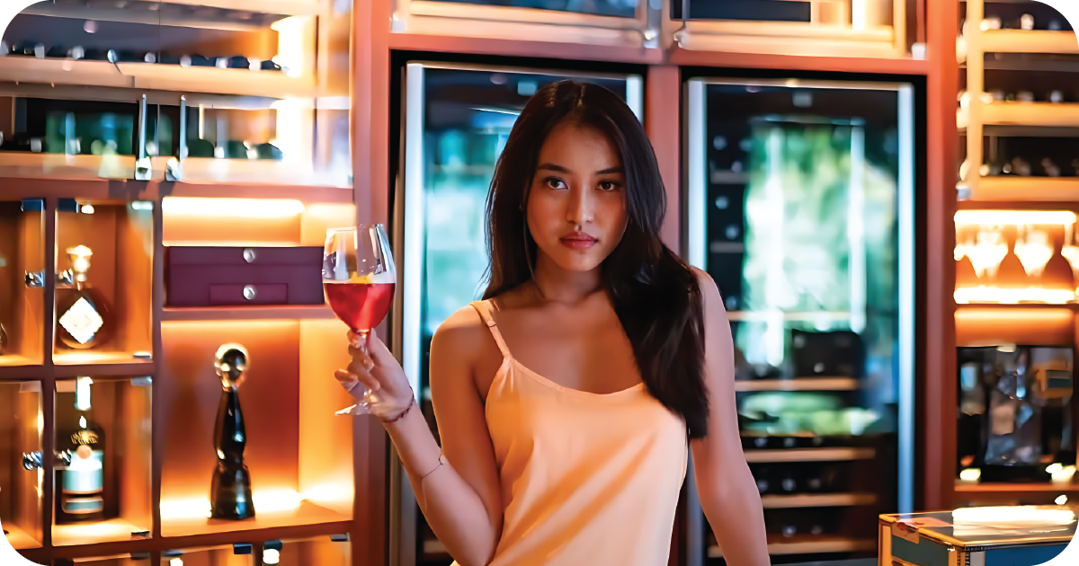 Guest holding rosé wine before illuminated bottle cabinets