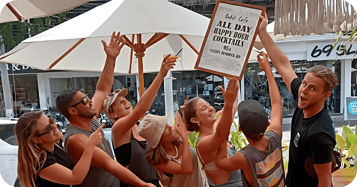 Guests pointing at Bukit Cafe happy hour cocktails sign