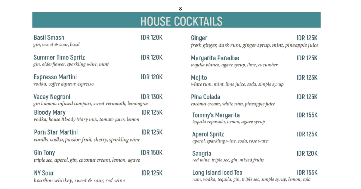 Barbarossa Restaurant: An Honest Review of This Bali Gem 15 House cocktails list including Negroni, Espresso Martini, Mojito, prices in IDR