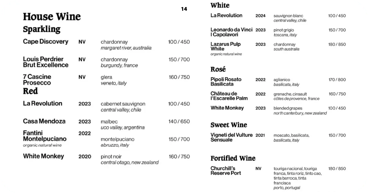 House wine list featuring sparkling, red, white, rosé, and port
