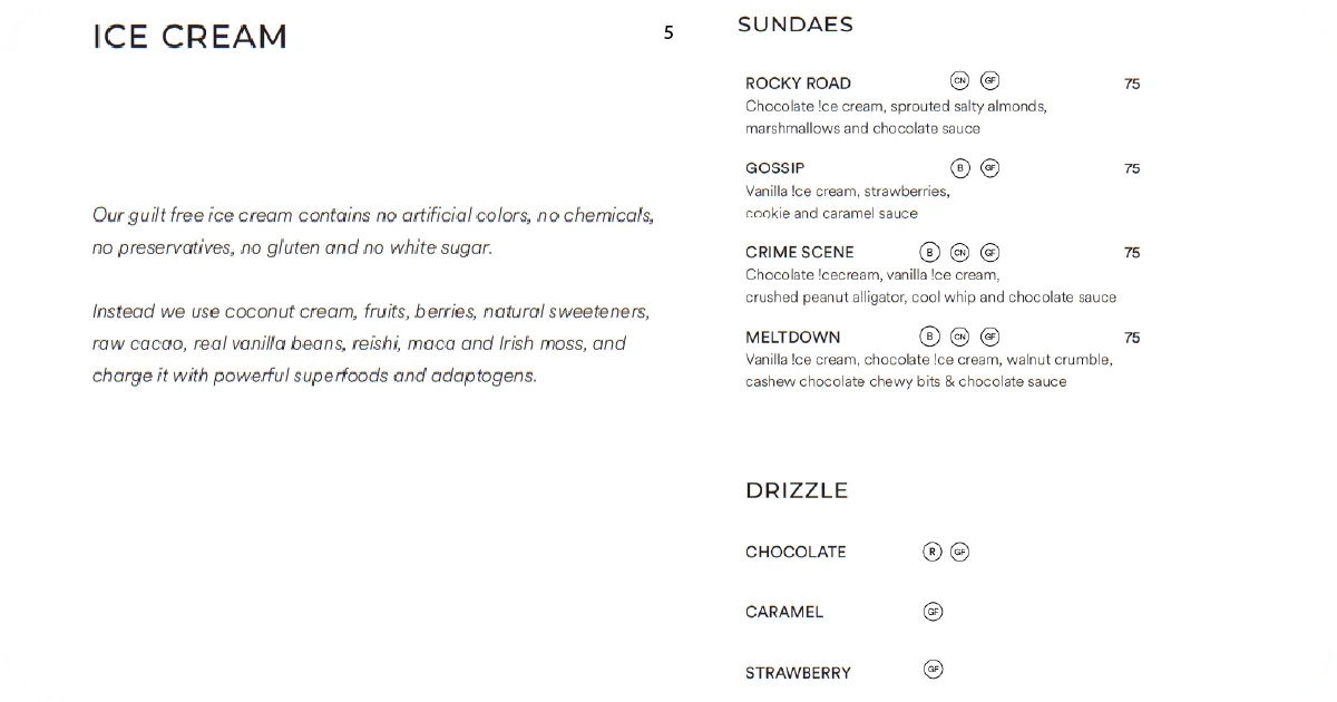 Ice cream and sundaes menu with chocolate, caramel, strawberry drizzles