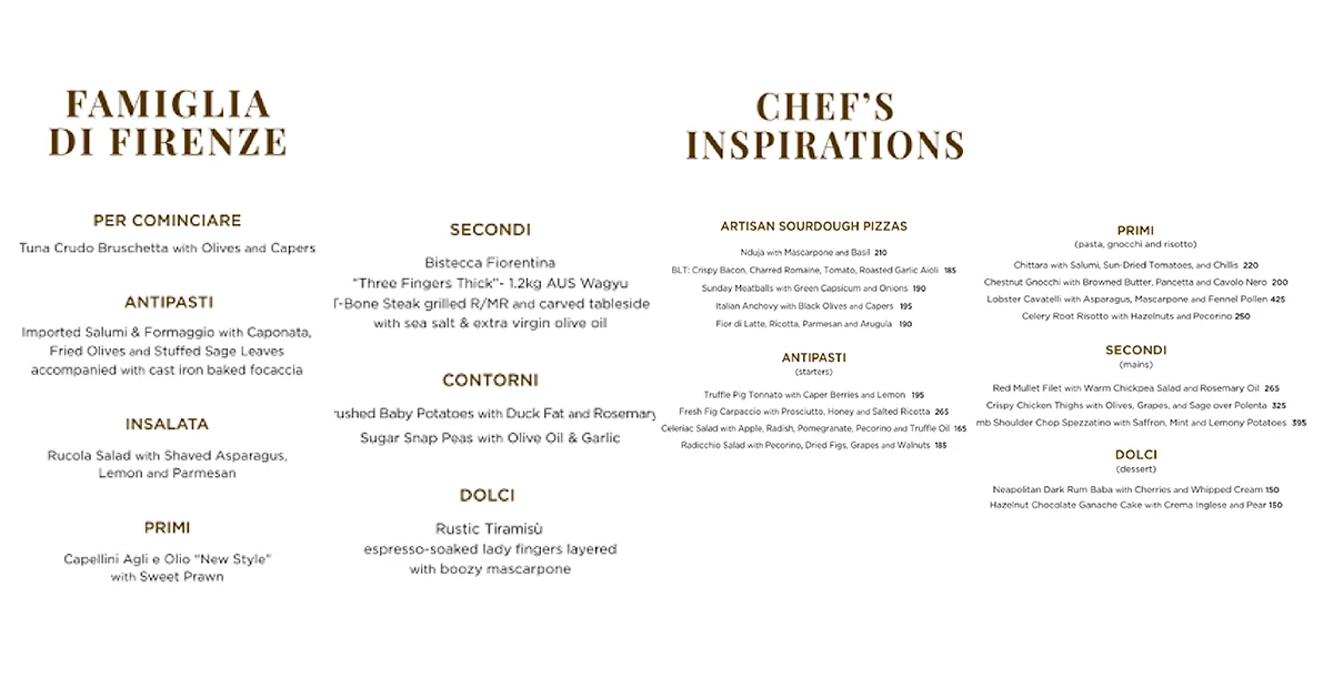 Italian menu featuring antipasti, sourdough pizzas, pastas, and bistecca