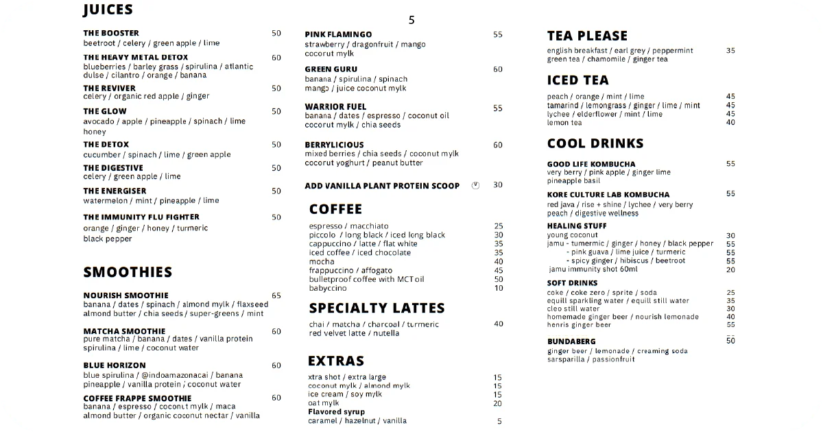 Juices and smoothies menu plus coffee, specialty lattes, teas, soft drinks