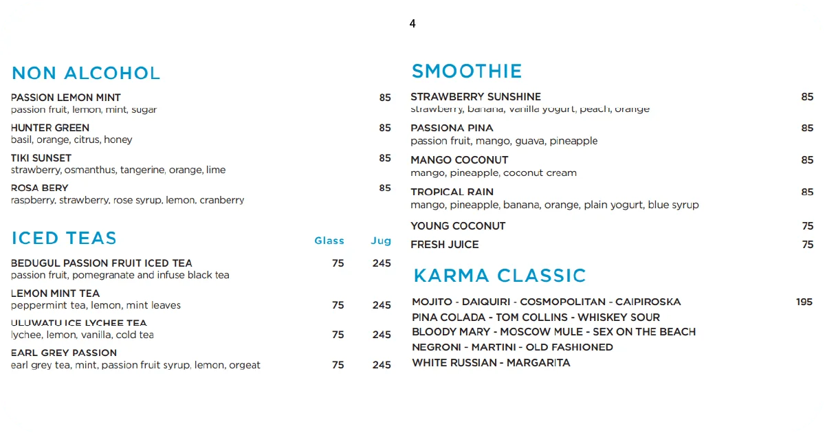Karma Beach drinks menu with smoothies, iced teas, and classics