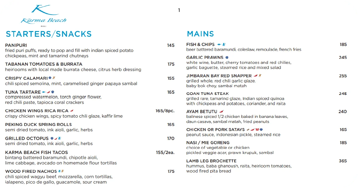 Karma Beach menu featuring starters, snacks, and mains