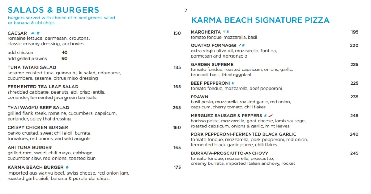 Karma Beach menu with salads, burgers, and signature pizzas