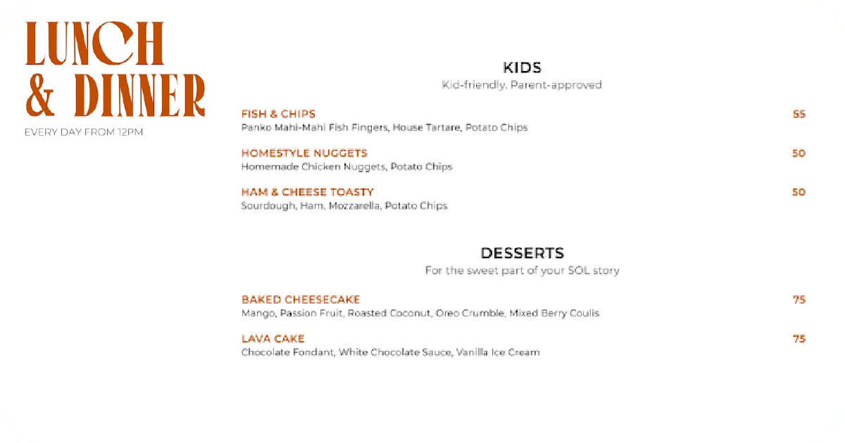 Kids menu and desserts including cheesecake and lava cake