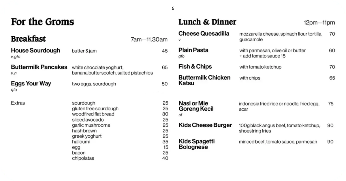 Kids menu with breakfast options and simple lunch dinner classics