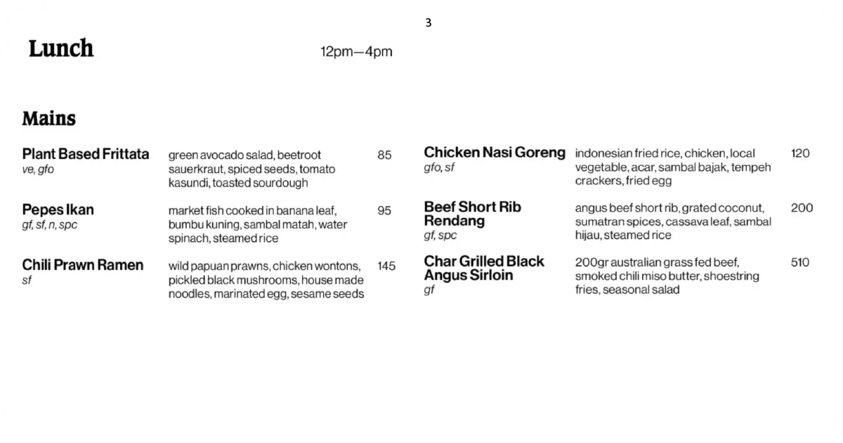 Lunch mains listing frittata, pepes ikan, prawn ramen, and steaks