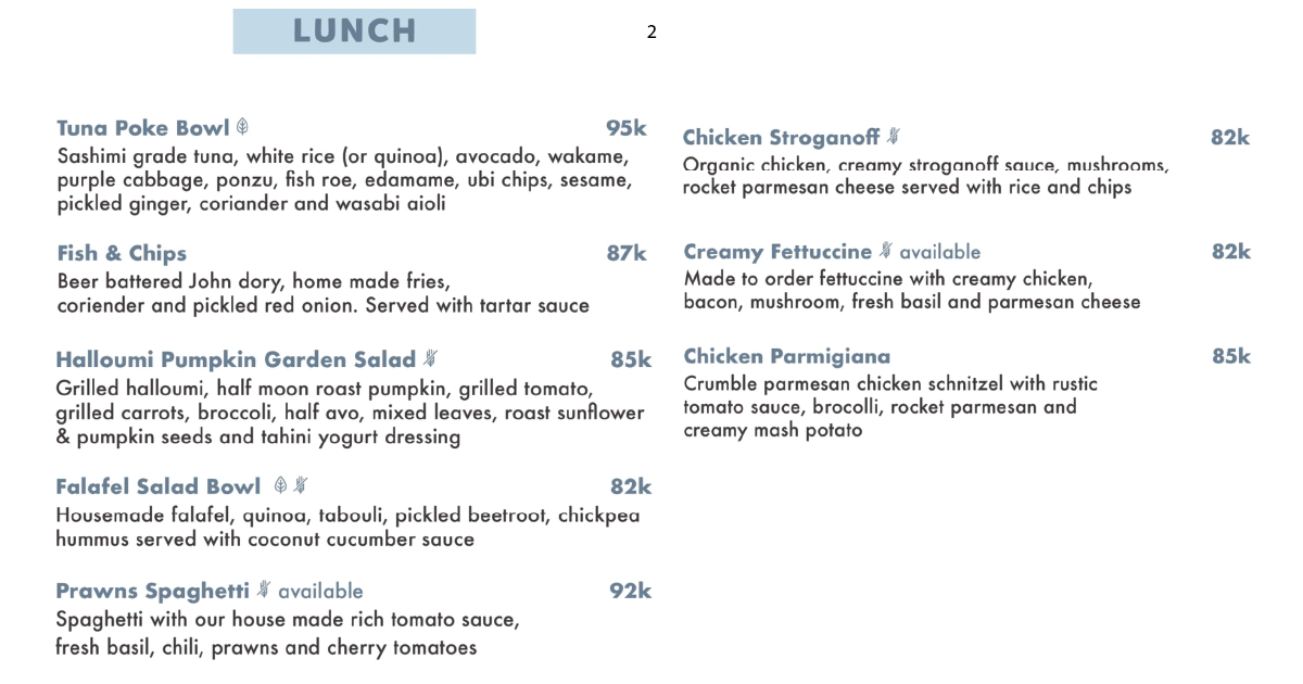 Lunch menu with tuna poke, salads, and chicken dishes