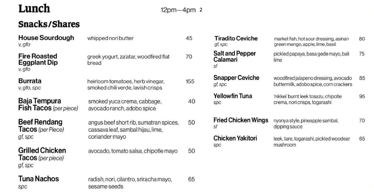 Lunch snacks menu with tacos, burrata, ceviche, and calamari