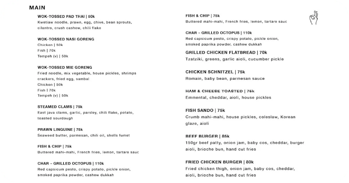 Main menu pad thai, nasi goreng, schnitzel, burgers, grilled octopus