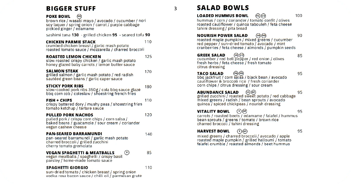 Mains and salad bowls menu including poke, ribs, and power salads