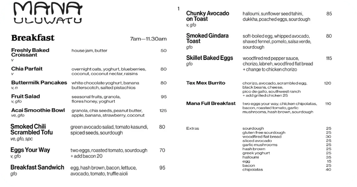 Mana Uluwatu breakfast menu featuring croissants, pancakes, and avocado toast