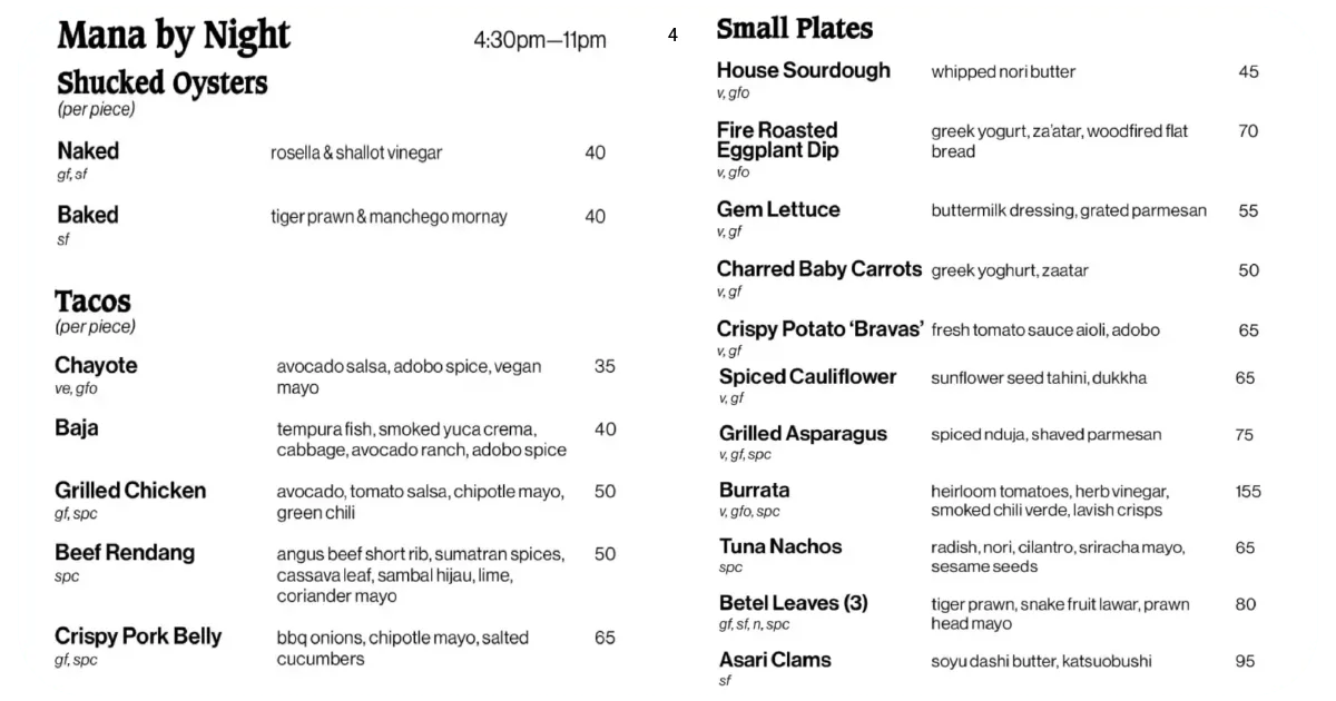 Mana by Night menu with oysters, tacos, and small plates.