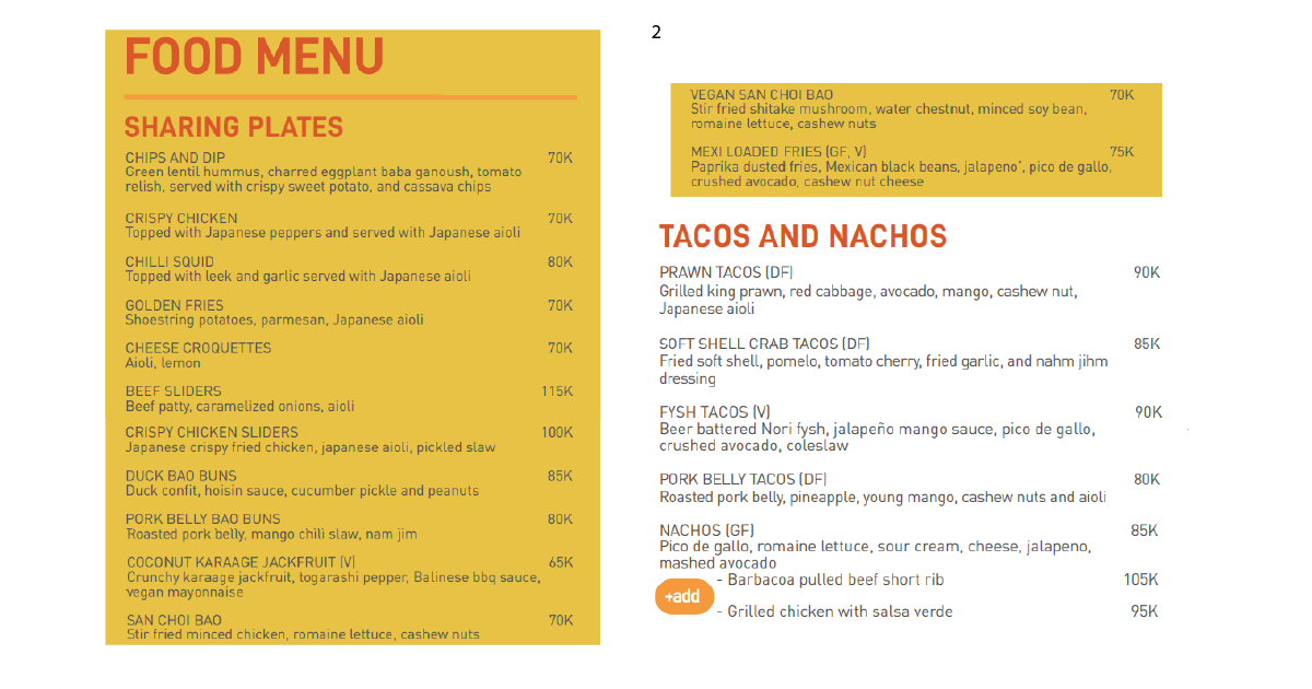 Menu page for sharing plates, tacos and nachos selection