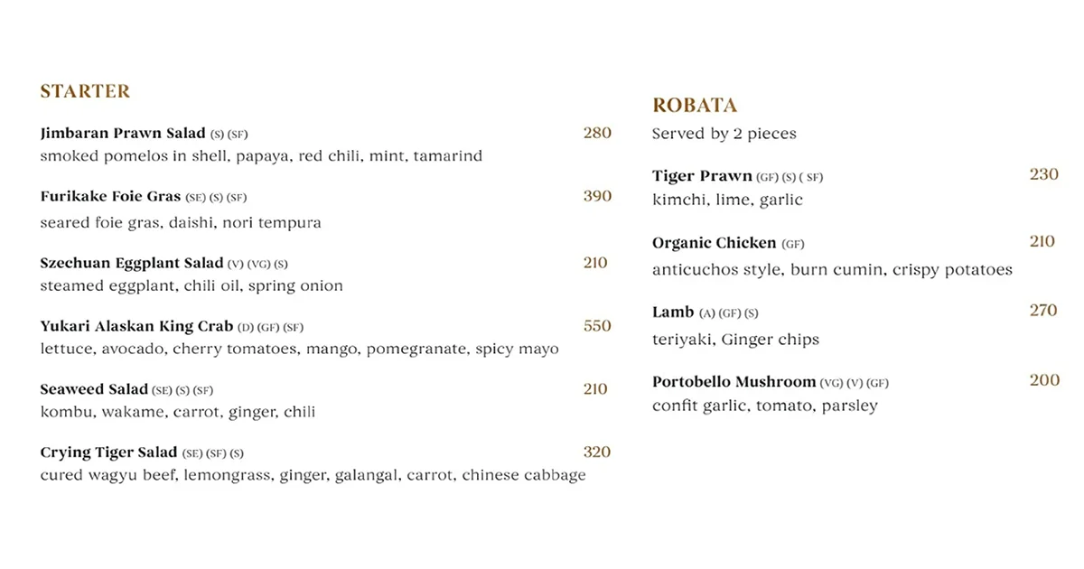 Menu page listing Starters and Robata items with prices