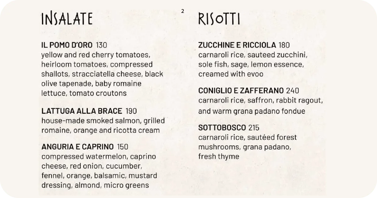 Menu page listing salads and risotti with zucchini and saffron