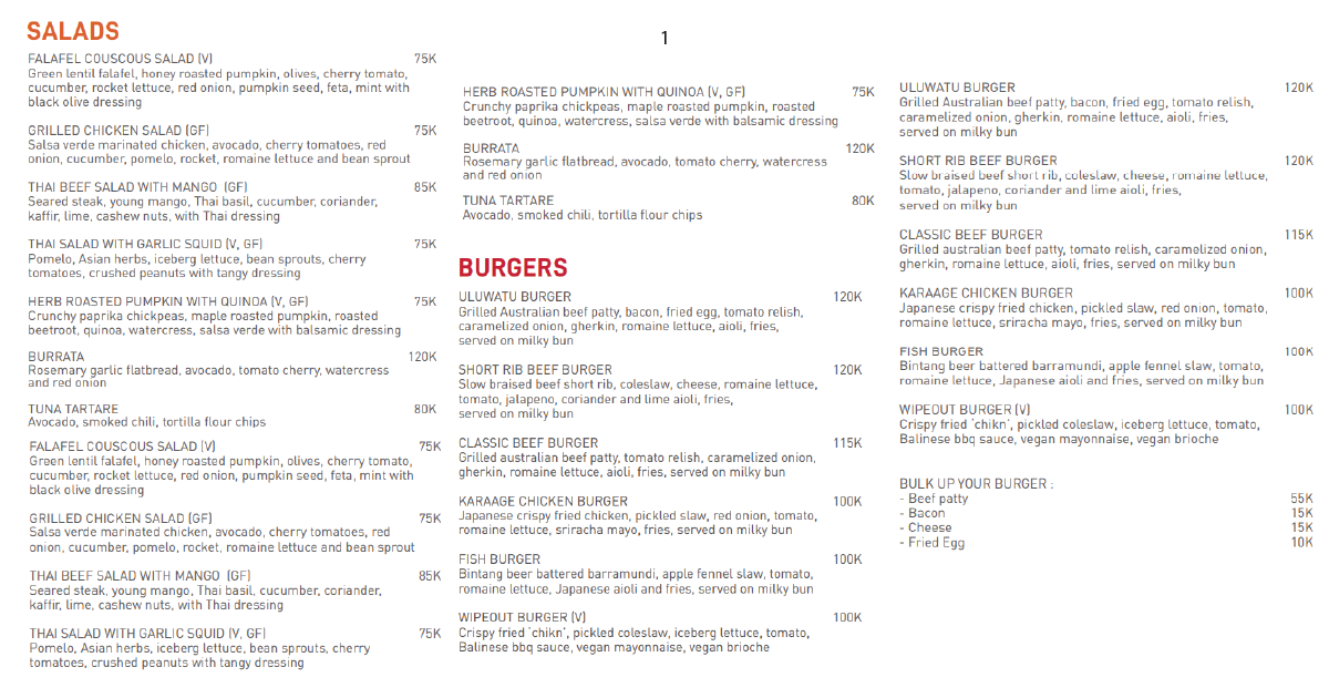 Menu page showing salads and burgers, items like short rib burger