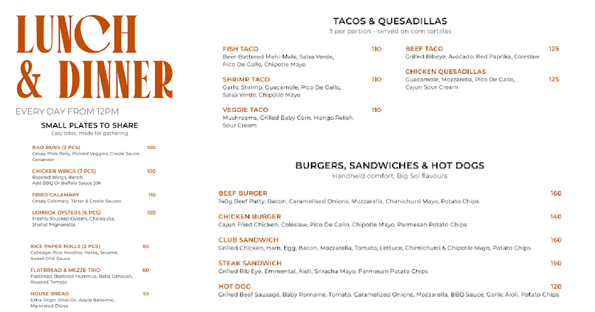 Menu with small plates, tacos, and burgers with prices