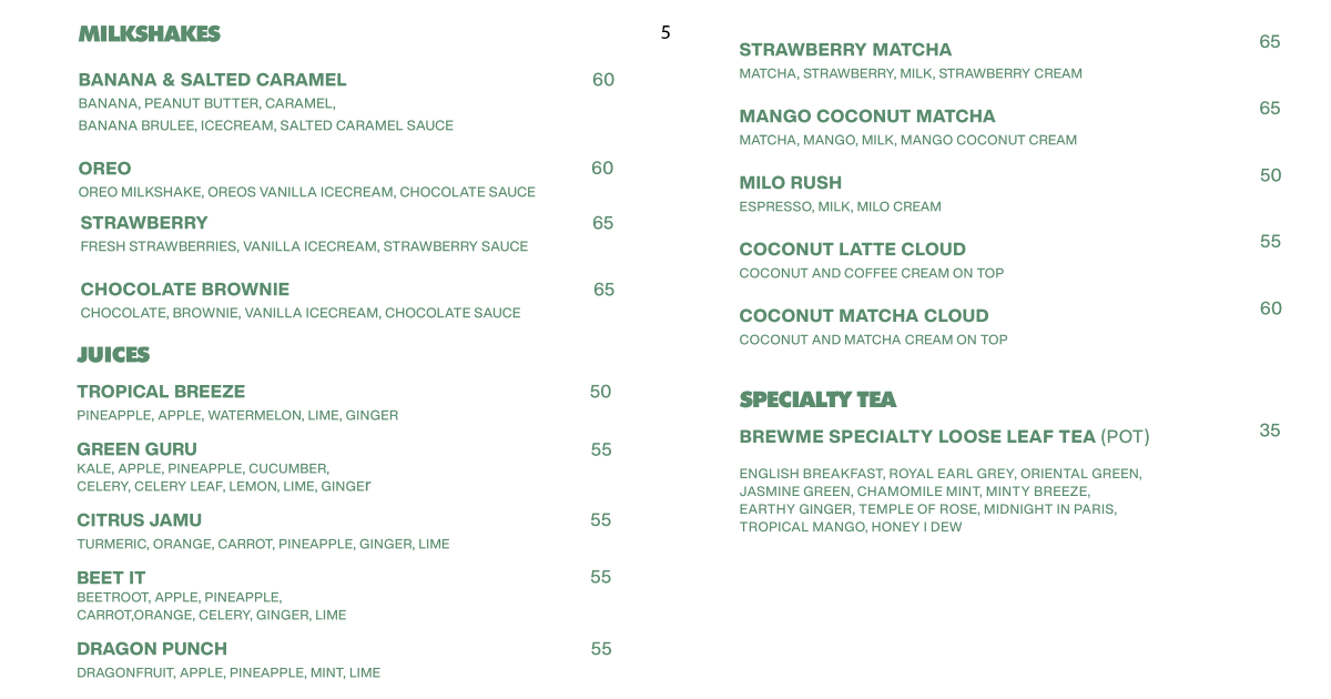 Milkshakes and juices menu plus specialty loose leaf teas