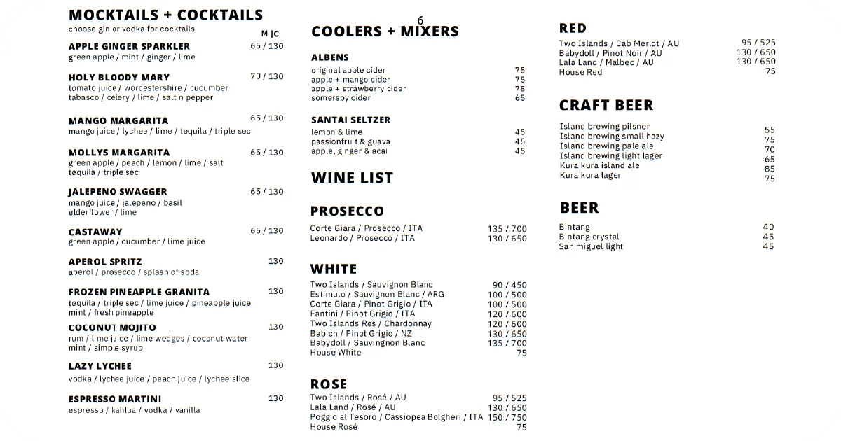 Mocktails and cocktails list with coolers, wines, craft beer, regular beer
