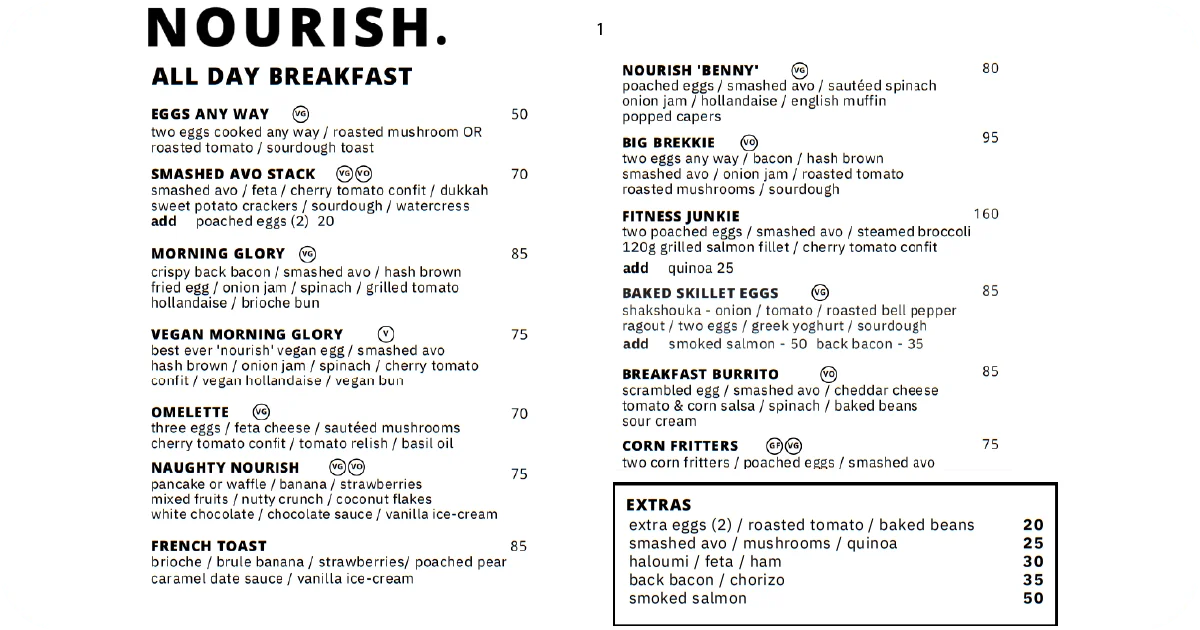NOURISH. all-day breakfast menu with eggs, smashed avo, benedict, burrito