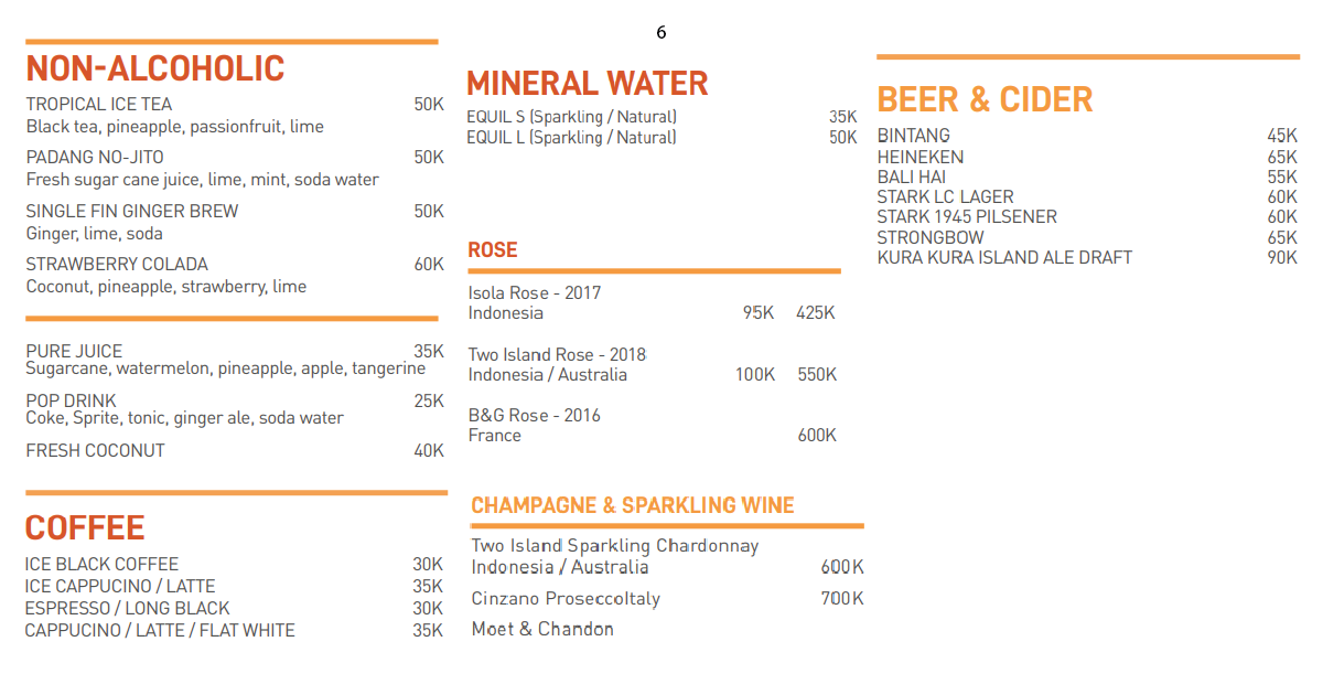 Non-alcoholic drinks, coffee, water, beer and cider menu