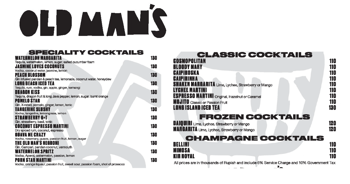 Old Man's cocktail menu specialties, classics, frozen, champagne cocktails