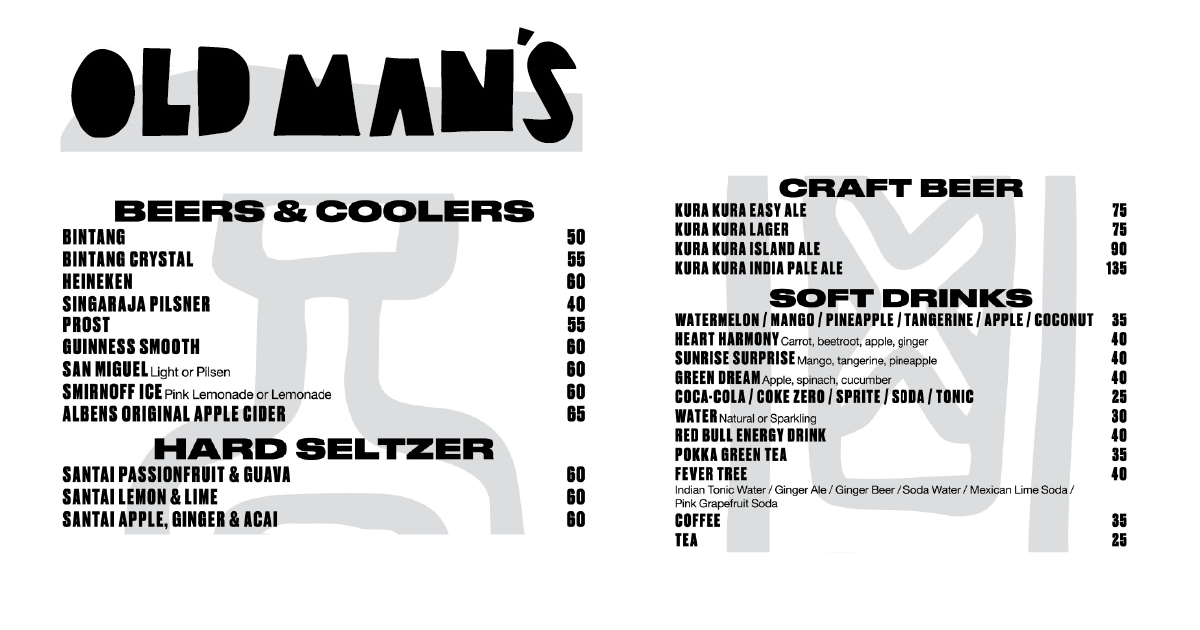 Old Man's menu beers, hard seltzer, craft beer, soft drinks