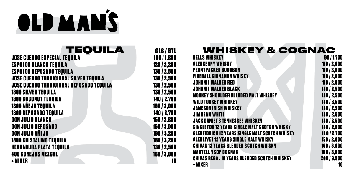 Old Man's tequila list and whiskey & cognac selections with prices