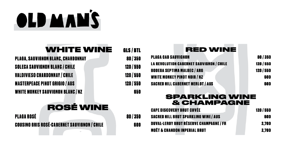 Old Man's wine list white, red, rosé, sparkling, champagne